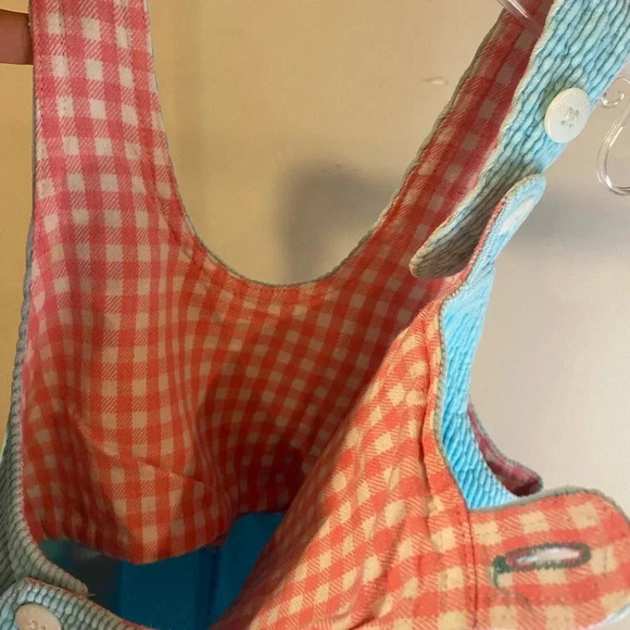 Vintage teal overalls. Size 18 months. Pink Checkered material inside and shirt - Picture 4 of 9